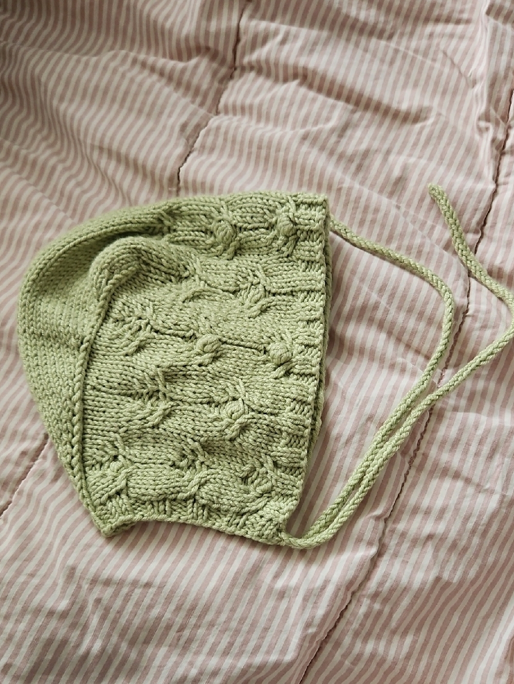Hand-Knit Light Green Baby Bonnet with Braided Ties -Wool And Silk Yarn